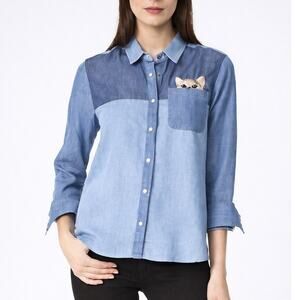 Paul & Joe Sister Womens Embroidered Cat Chambray Shirt XS Two Tone